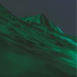 A dark, surreal depiction of a mountain landscape under a mysterious green light, creating an eerie and dramatic atmosphere marked by the A.P. ASTRA cross.