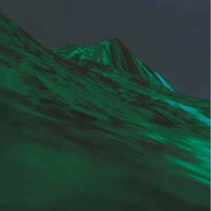 A dark, surreal depiction of a mountain landscape under a mysterious green light, creating an eerie and dramatic atmosphere marked by the A.P. ASTRA cross.