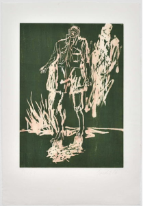 Art print depicting two abstract human figures, one standing and one partially visible, rendered in white lines on a dark green background, with expressive markings and Partisan splatters.