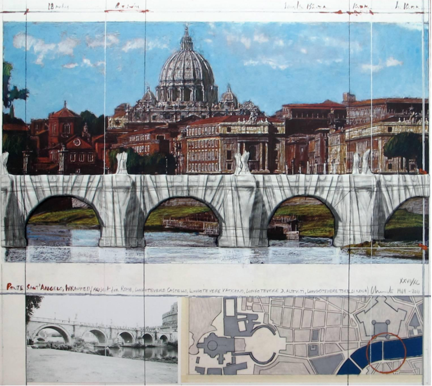 CHRISTO - Rome. Wrapped Ponte Sant' Angelo wrapped, photo-lithography with collage. Global Galleries