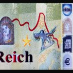 Close up of a colorful banknote featuring artistic representations including an abstract figure of an elephant, wavy red line, star, and the word "Heinz Zolper" prominently displayed.